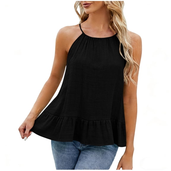 Womens Casual Peplum Babydoll Sleeveless Tops Spaghetti Strap Halter Shirts Loose Fit Pleated Tunics Summer Vacation Crewneck Flowy Tank Tops