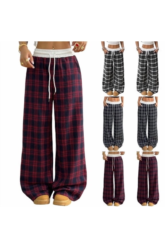 Womens Casual Plaid Baggy Pants High Waisted Goth Grunge Pant Y2K Clothes Drawstring Pants Streetwear