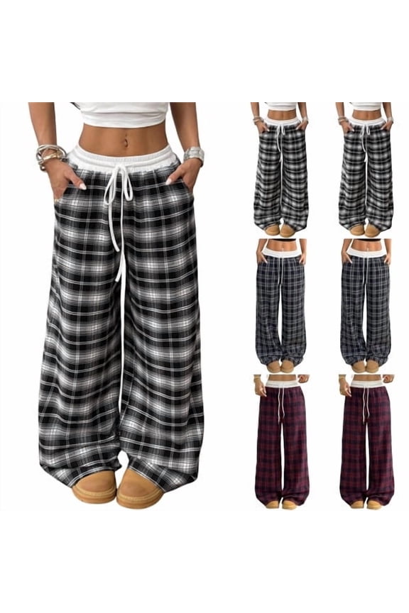 Womens Casual Plaid Baggy Pants High Waisted Goth Grunge Pant Y2K Clothes Drawstring Pants Streetwear