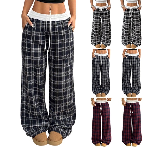 Womens Casual Plaid Baggy Pants High Waisted Goth Grunge Pant Y2K Clothes Drawstring Pants Streetwear