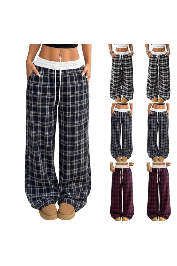 Womens Casual Plaid Baggy Pants High Waisted Goth Grunge Pant Y2K Clothes Drawstring Pants Streetwear