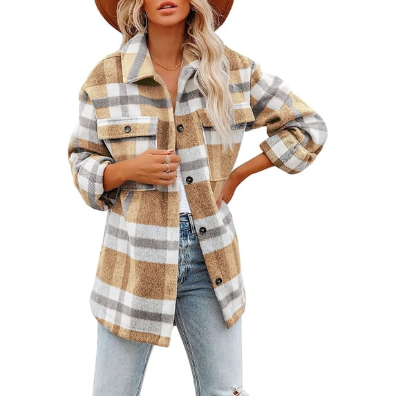 Womens Casual Plaid Button Down Long Sleeve Shirts Flannel Shacket Jacket Coats Button Down Pocketed Coats Shacket