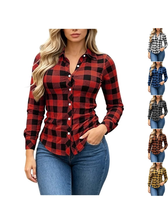 Womens Casual Plaid Flannel Button Down Shirt Long Sleeve Fitted Collared Blouse Curved Hem Tops for Fall Travel Daily Wear Wrinkle Free, Red, M