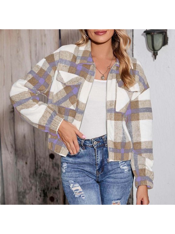 Womens Casual Plaid Shacket 2022 European And American And Winter New Casual Short Printed Plaid Pocket Zipper Jacket