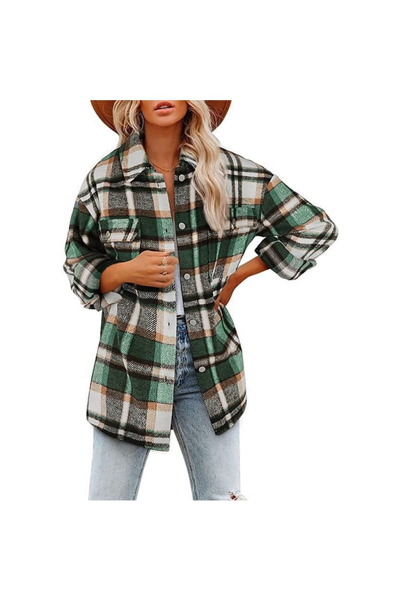 Womens Casual Plaid Shackets Brushed Flannel Button Down Pocketed Shirt Jacket Coats(green)-M
