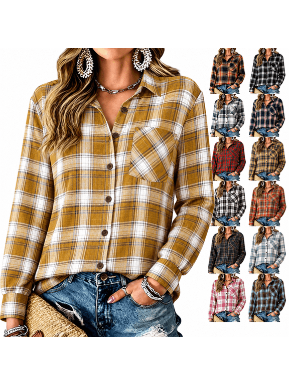 Womens Casual Plaid Shirt Long Sleeve Flannel Button Front Relaxed Fit Collared Checkered Blouse Classic Fall Fashion Top
