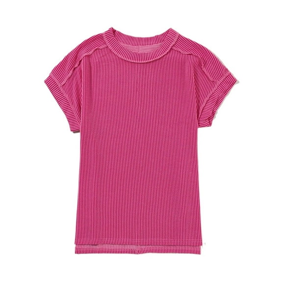 Womens Casual Plain Loose Knit Textured Round Neck Short Sleeve T-Shirt Summer Blouse For Women
