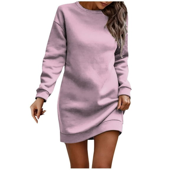 Womens Casual Plus Velvet Sweater Dress - Long Sleeve Round Neck Solid Color for Fall/Winter Comfort