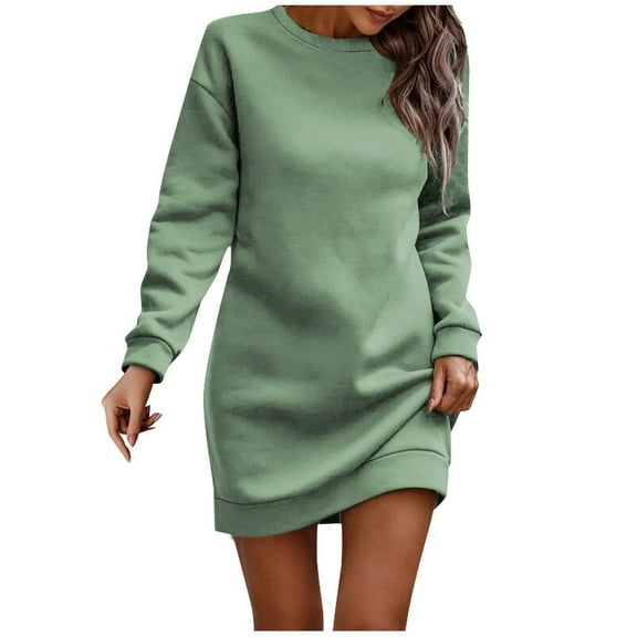 Womens Casual Plus Velvet Sweater Dress - Long Sleeve Round Neck Solid Color for Fall/Winter Comfort