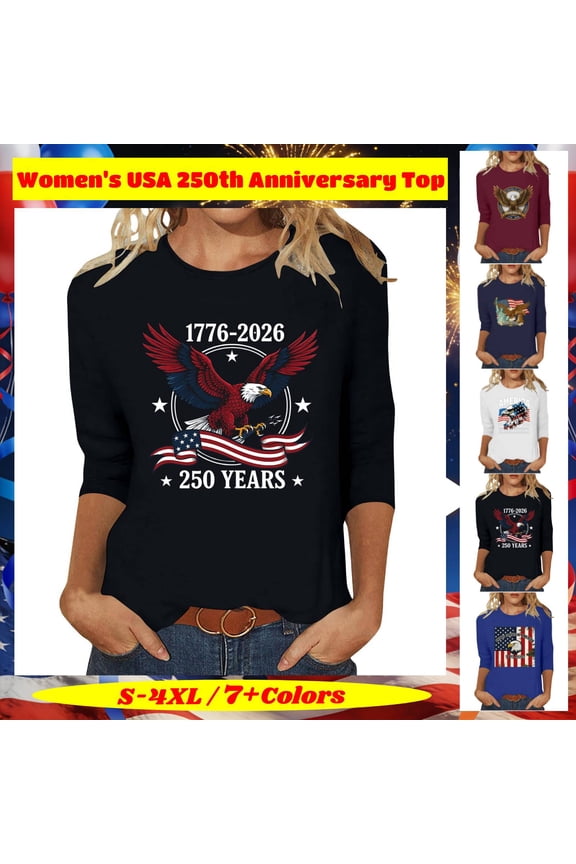 Womens Casual Printed 3/4 Sleeve Top, Round Neck Pullover Blouse, USA 250th Anniversary Breathable Lightweight Summer Fashion Tunic Shirt, Daily Wear, Plus Size S-4XL
