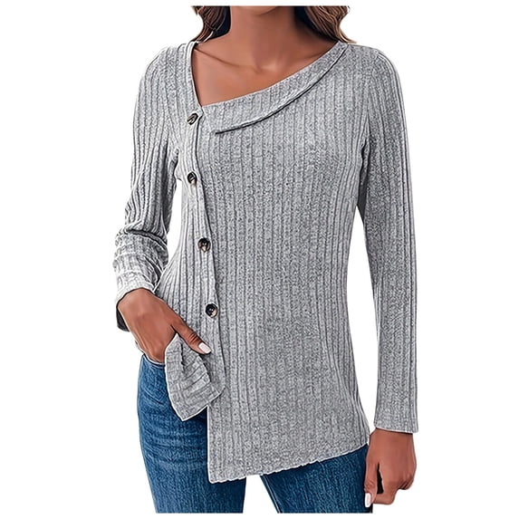 Womens Casual Pullover Fall Tops Long Sleeve V Neck Shirt Button Solid Color Irregular Blouse 2026 Fall Trendy Going Out Top Ladies