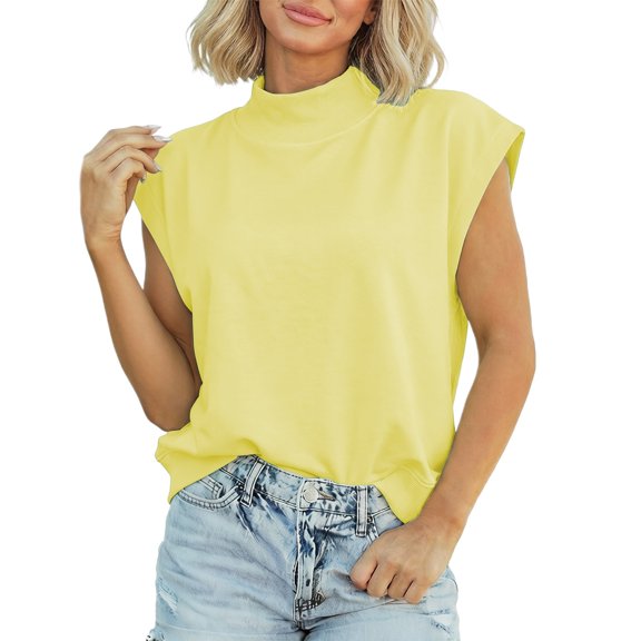 Womens Casual Pullover Long Neck Color Ting Short Sleeved Petite Tops for Women,Yellow,S
