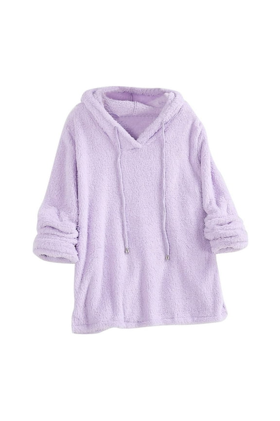 Womens Casual Pure Color Fleece Hooded Sweatshirt Fuzzy Faux Shearling Drawstring Warm Sherpa Pullover Outwear