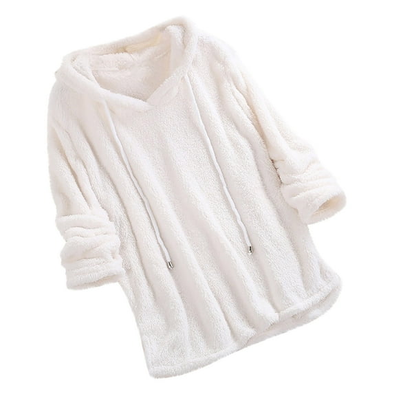 Womens Casual Pure Color Fleece Hooded Sweatshirt Fuzzy Faux Shearling Drawstring Warm Sherpa Pullover Outwear