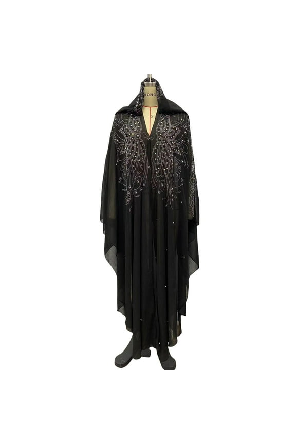 Womens Casual Rhinestone Chiffon Long Dress Hoodie Shawl Cloak Lace Robe Long Sleeve Dress for Girls 12-14 Vintage Lace Bodice Nightgown Dress Hijabs for Women Mens Tunic Robe with Hood Nigerian