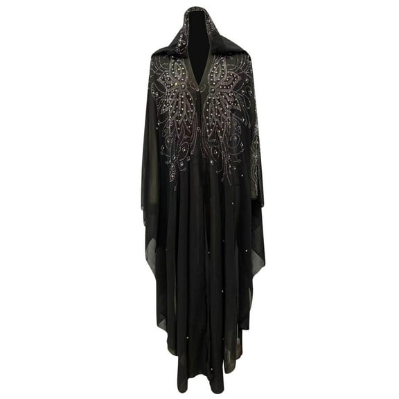 Womens Casual Rhinestone Chiffon Long Dress Hoodie Shawl Cloak