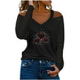thumbnail image 1 of Womens Casual Rhinestone Cold Shoulder Tshirts V Neck Mesh Long Sleeve Tunic Tees Tops Fall Loose Comfy Blouses Pullover, 1 of 5