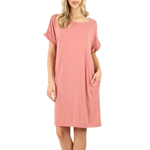 Womens Casual Rolled Short Sleeve Loose Tunic Shirt Dress