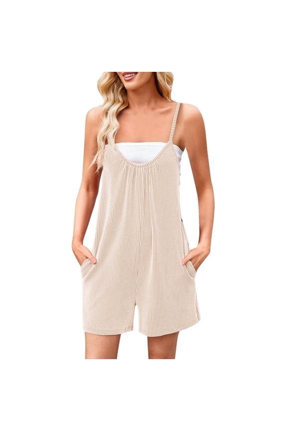 Womens Casual Rompers Sleeveless Crew Neck Spaghetti Strap Wide Leg Shorts Jumpsuits Overalls With Pockets