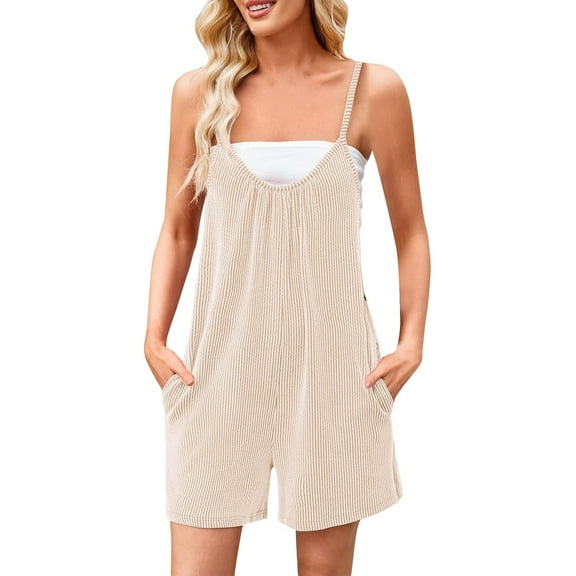Womens Casual Rompers Sleeveless Crew Neck Spaghetti Strap Wide Leg Shorts Jumpsuits Overalls With Pockets