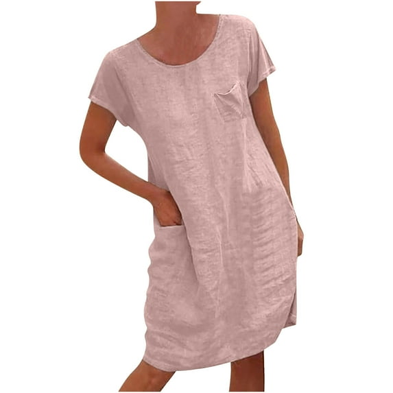 Womens Casual Round Neck Solid Pocket Short Sleeve Dresses Summer Boho Floral Formal Sundresses Wedding Guest Prom Bodycon Cocktail Dresses A68-26529