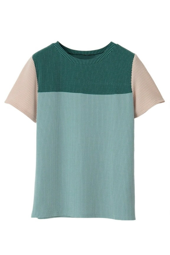 Womens Casual Round Neck Solid Textured Colorblock T Shirt Summer Blouse For Women