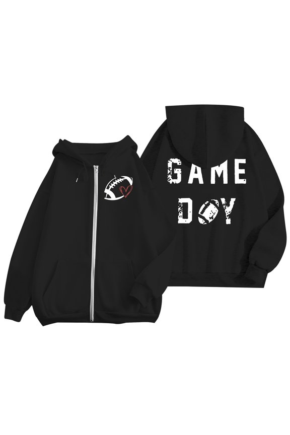 Womens Casual Rugby Game Day Printed Zipper Hoodie Football Fan Graphic Sweatshirt Long Sleeve Jacket Outerwear