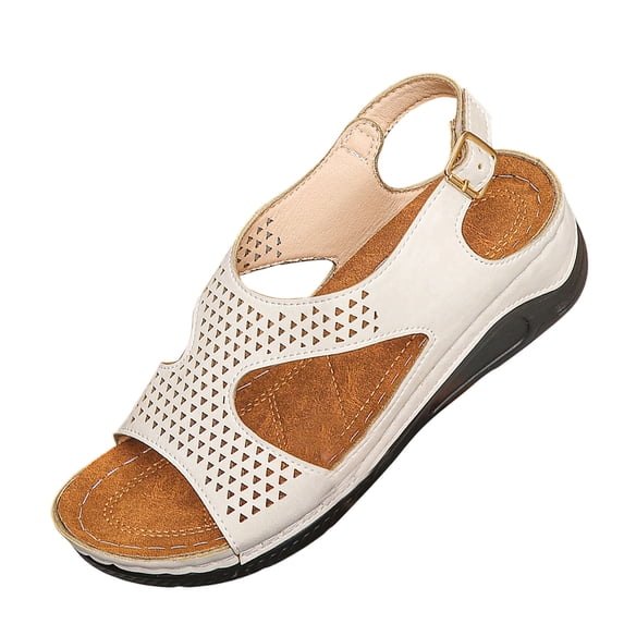 Womens Casual Sandals Low Wedge Comfortable Walking Sandals Breathable Perforated Upper Adjustable Buckle Strap Beige,Size 7.5
