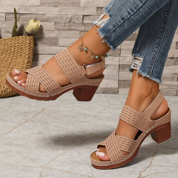 Womens Casual Sandals Women's Oofos Wide Sandals Women's Fashion Casual Spring And Summer Comfortable Solid Color Fish Mouth Open Toe One-Line Buckle Thick Heel High Heel Sandals Brown
