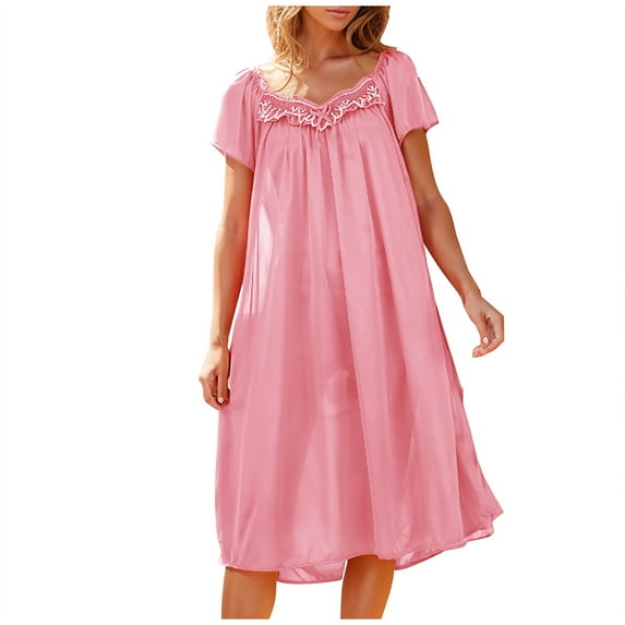 Womens Casual Satin Nightgown - Women's Short Sleeve Lace V-Neck Nightgowns, Flowysleeves Lightweight Ice Silk Sleepwear Dress Home Dress Nightdress Free Size