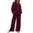 thumbnail image 1 of Womens Casual Set Plus Size Loose Long Sleeve Round Neck Loose Straight Wide Leg Pants With Pockets Solid Color Suit Set,Red,S, 1 of 5