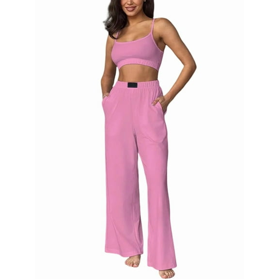 Womens Casual Sets Two Piece Tube Top Camisole Sleeveless Elastic Waist Summer Sweatsuit with Pocket Pink M