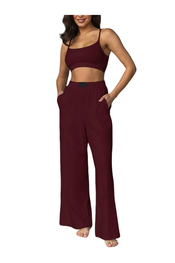 Womens Casual Sets Two Piece Tube Top Camisole Sleeveless Elastic Waist Summer Sweatsuit with Pocket Wine Red M