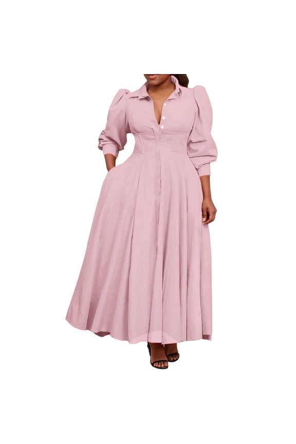 Womens Casual Shirt Dress Long Sleeve Loose Fit Solid Color Maxi Dress Spring Office Pink