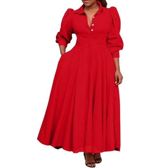 Womens Casual Shirt Dress Long Sleeve Loose Fit Solid Color Maxi Dress Spring Office Red
