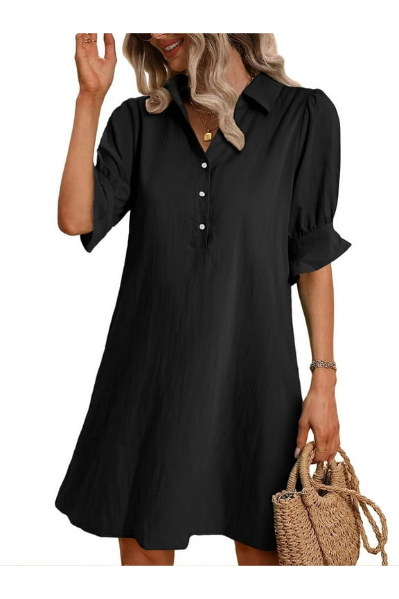 Womens Casual Shirt Dress Ruffle Sleeve Button Down Shift Summer Dresses with Pockets Black XL