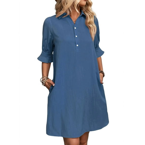 Womens Casual Shirt Dress Ruffle Sleeve Button Down Shift Summer Dresses with Pockets Blue L