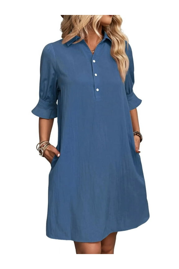 Womens Casual Shirt Dress Ruffle Sleeve Button Down Shift Summer Dresses with Pockets Blue M