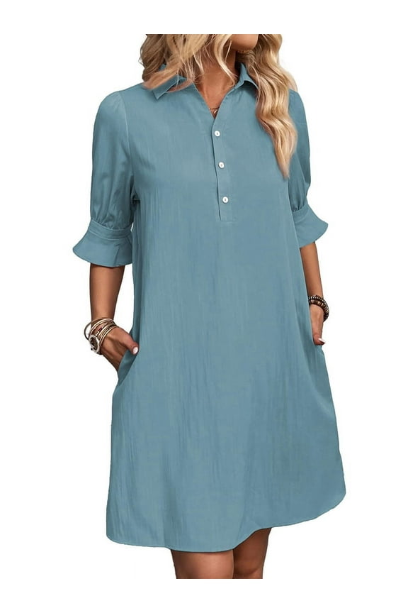 Womens Casual Shirt Dress Ruffle Sleeve Button Down Shift Summer Dresses with Pockets Gray Blue M