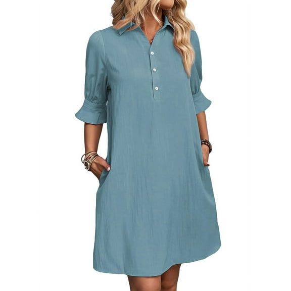 Womens Casual Shirt Dress Ruffle Sleeve Button Down Shift Summer Dresses with Pockets Gray Blue S