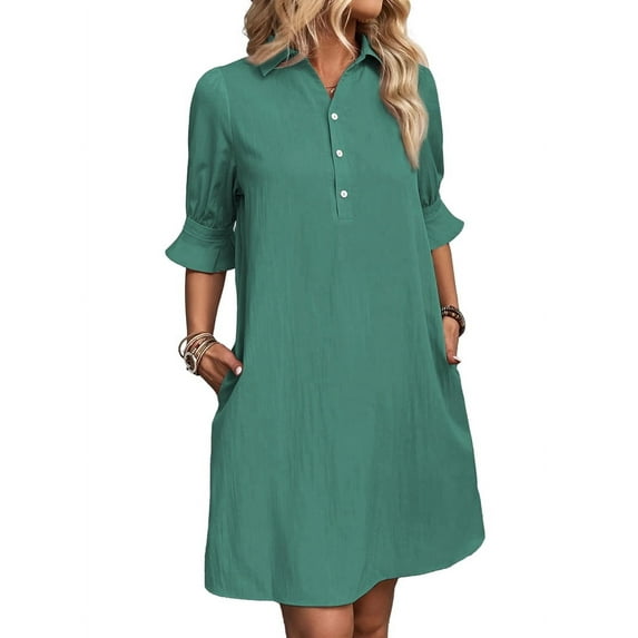 Womens Casual Shirt Dress Ruffle Sleeve Button Down Shift Summer Dresses with Pockets Lake Green XL