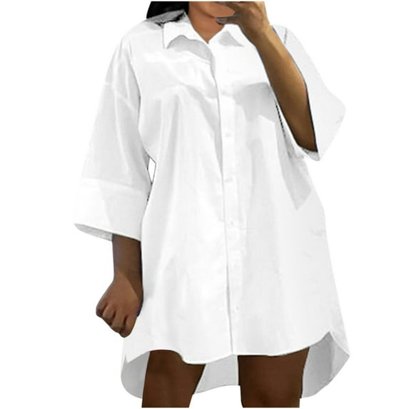Womens Casual Shirt Dresses Button Down 3/4 Sleeve Lapel Summer Loose Fit Short Mini Dress Plus Size Solid Dress