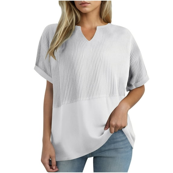 Womens Casual Shirts Fashion V Neck Wafflely-Knit Top Summer Short Sleeve T Shirts Solid Color Loose Blouses Pullover Tops