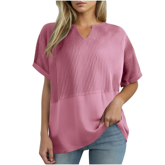 Womens Casual Shirts Fashion V Neck Wafflely-Knit Top Summer Short Sleeve T Shirts Solid Color Loose Blouses Pullover Tops