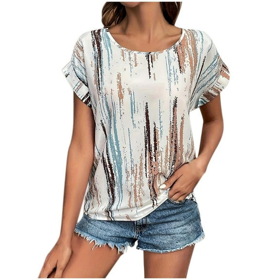 Womens Casual Shirts Summer Solid Color Top Fashion Retro Printed Short Sleeved Crew Neck T-Shirts Spring Loose Dressy Blouses Pullover