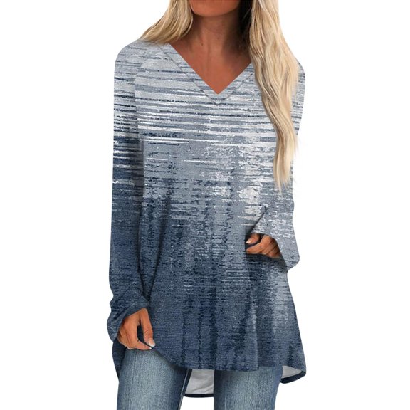 Womens Casual Shirts V-Neck Gradient Print Long Sleeve Blouses Casual Dressy Fall Fashion Tunic Tops