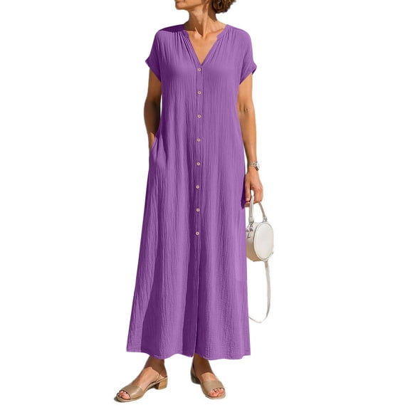 Womens Casual Short Sleeve Button Down Dress Cotton Linen Long Kimonos Cardigans Swimsuit Cover Ups Beach Dress