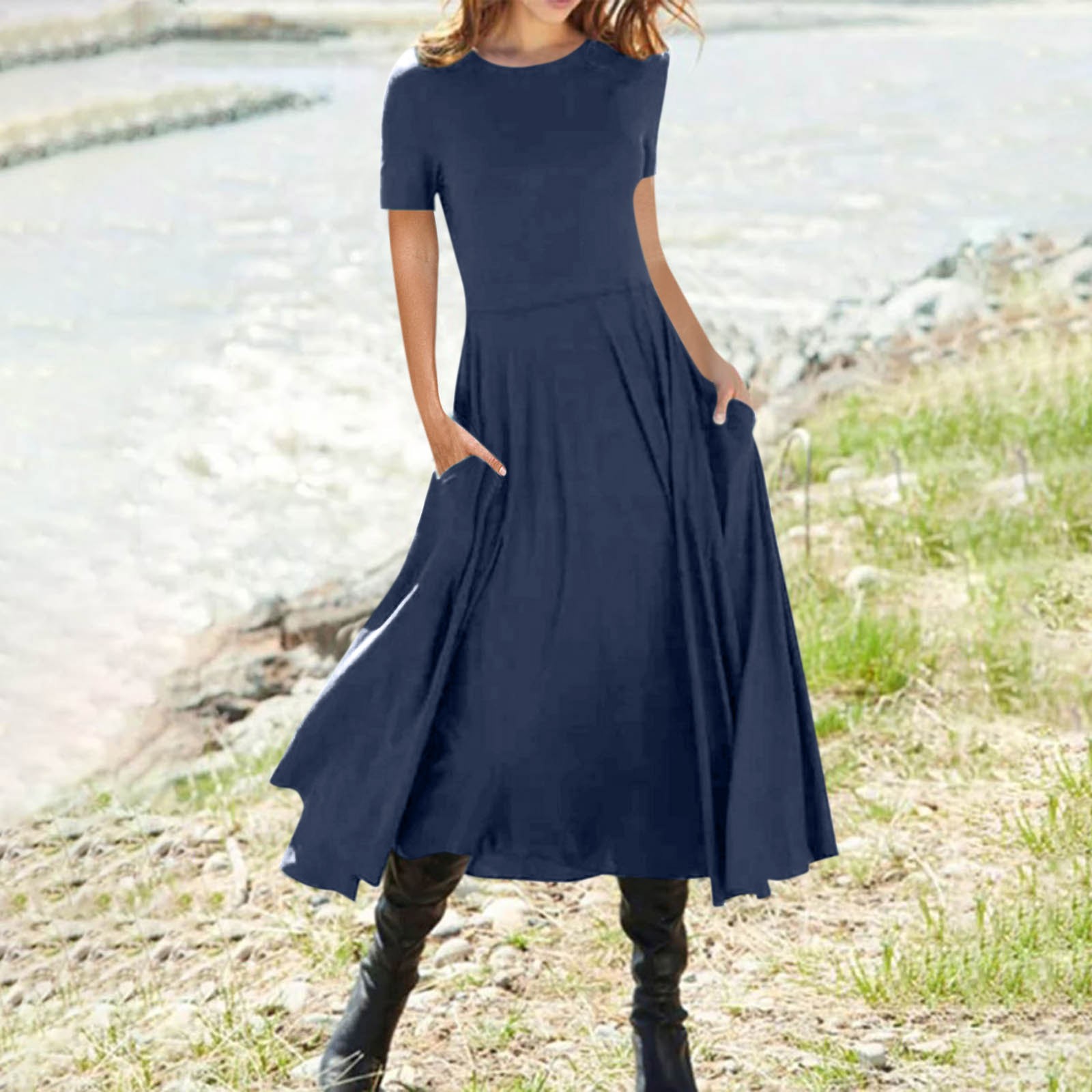 Midnight blue casual dress deals