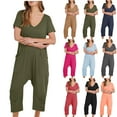 thumbnail image 1 of Womens Casual Short Sleeve Jumpsuit, Soft Solid Wide Leg Romper with Side Pockets, Mid Waisted Flowy Pant, Plus Size Comfortable One Piece for Beach, Vacation, Summer | TruBelle,Black M, 1 of 6