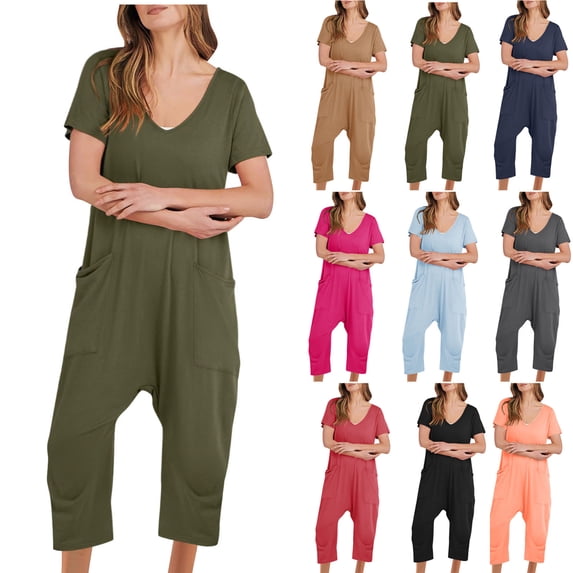 Womens Casual Short Sleeve Jumpsuit, Soft Solid Wide Leg Romper with Side Pockets, Mid Waisted Flowy Pant, Plus Size Comfortable One Piece for Beach, Vacation, Summer | TruBelle,Black M